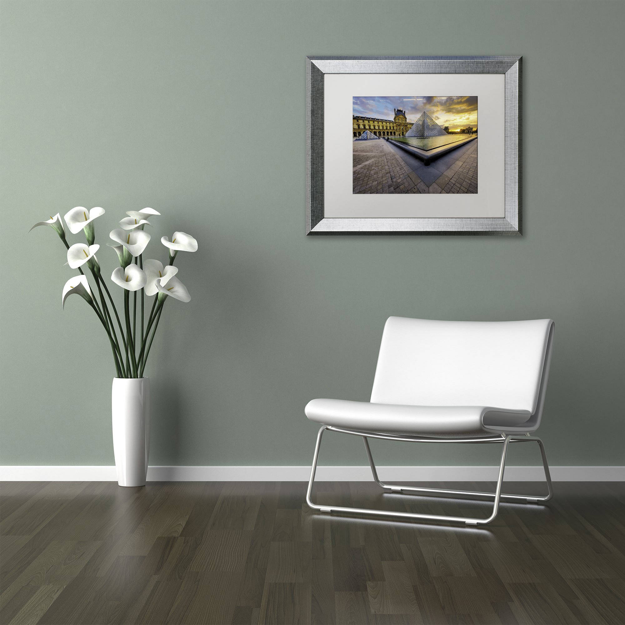 Trademark Fine Art "Geometry of the Louvre Museum" Canvas Art by Mathieu Rivrin, White Matte, Silver Frame