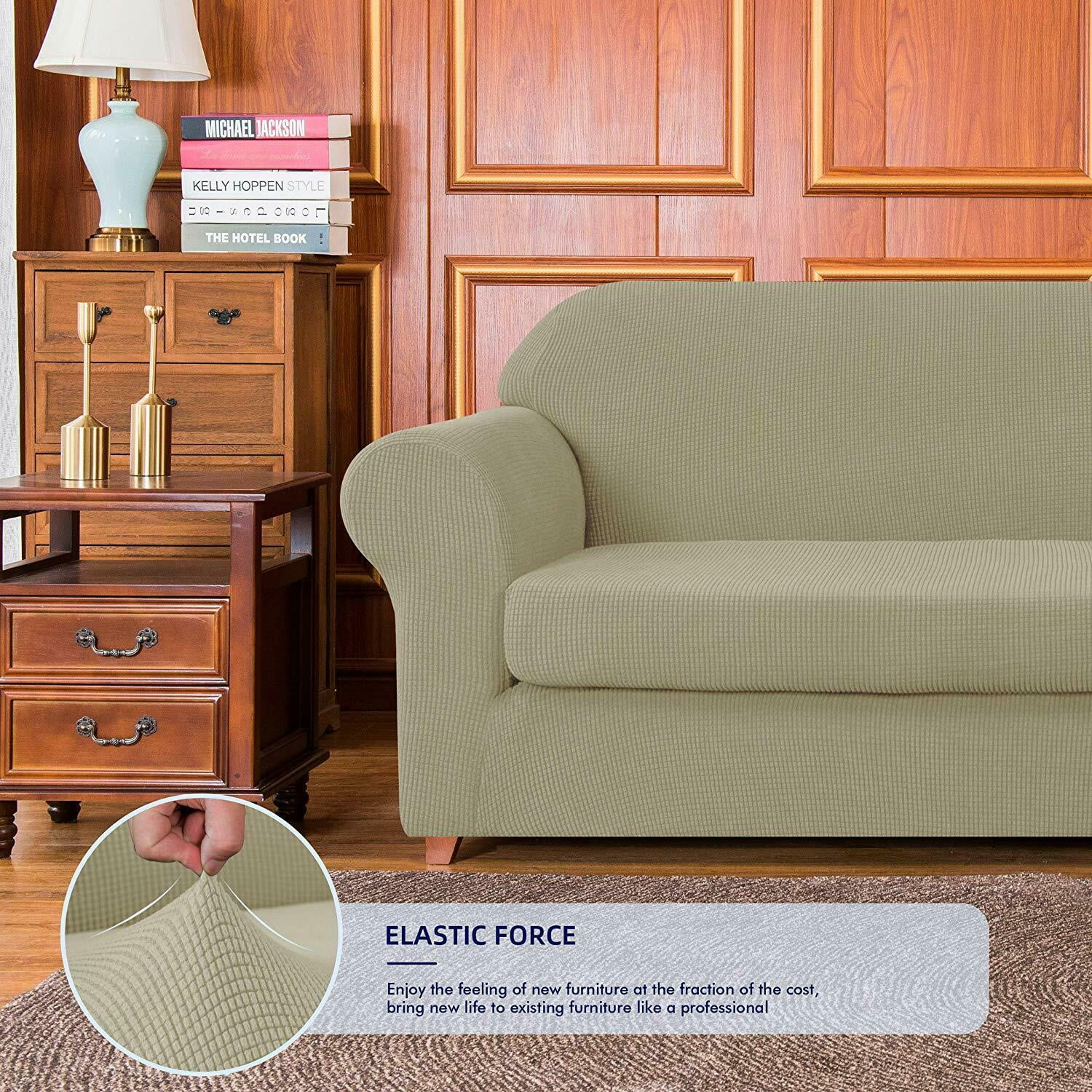Subrtex Stretch 2-Piece Textured Grid Sofa Slipcover Jacquard Non Slip Couch Cover (Sand, Armchair)