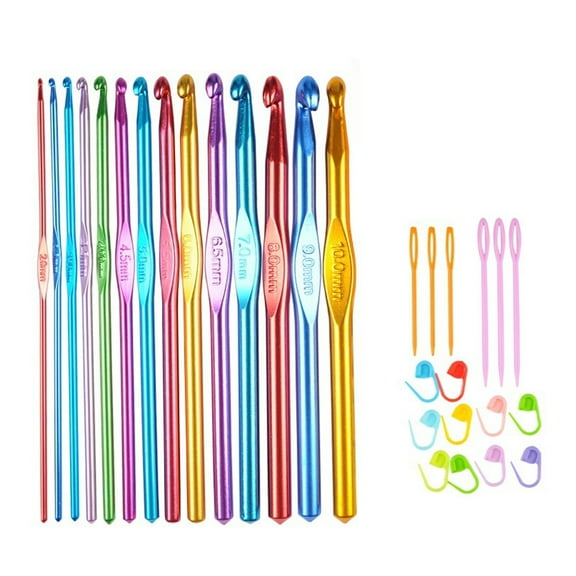 GoXteam 30pcs Crochet Hooks Set, Coloured Aluminum Ergonomic Handle Crochet, Hook Needles for Arthritic Hands, with Stitch Markers and Large-Eye Blunt Needles