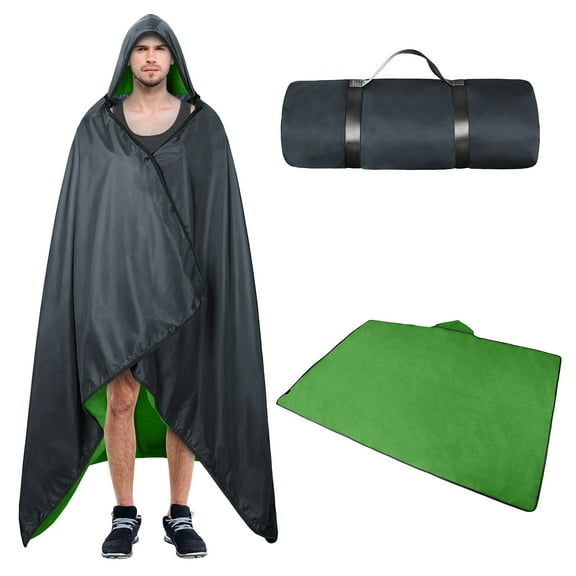 Flyingstar Waterproof Fleece Blanket, Wearable Windproof Hooded Blanket Poncho for Sports, Stadium, Camping, Beach, Picnic, Car or Pet Friendly Use, Green & Black