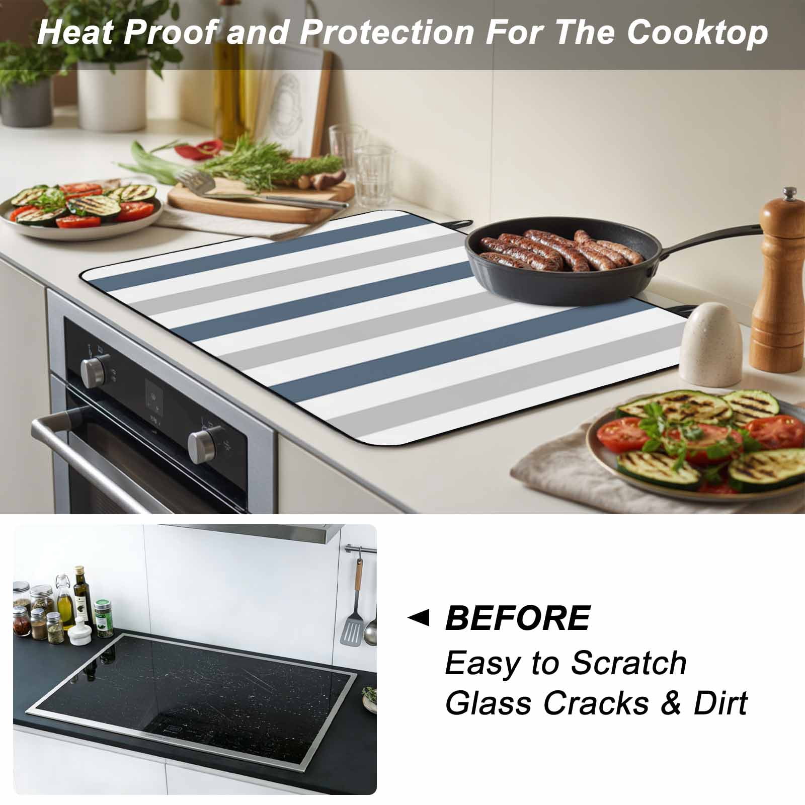 Blue Gray Striped Stove Top Cover for Electric Stove, Heat-proof & Non Slip Glass Top Stove Cover Protector, Farmhouse Stripe Art Kitchen Flat Cooktop Rubber Mat 28.5x20.5 Inches
