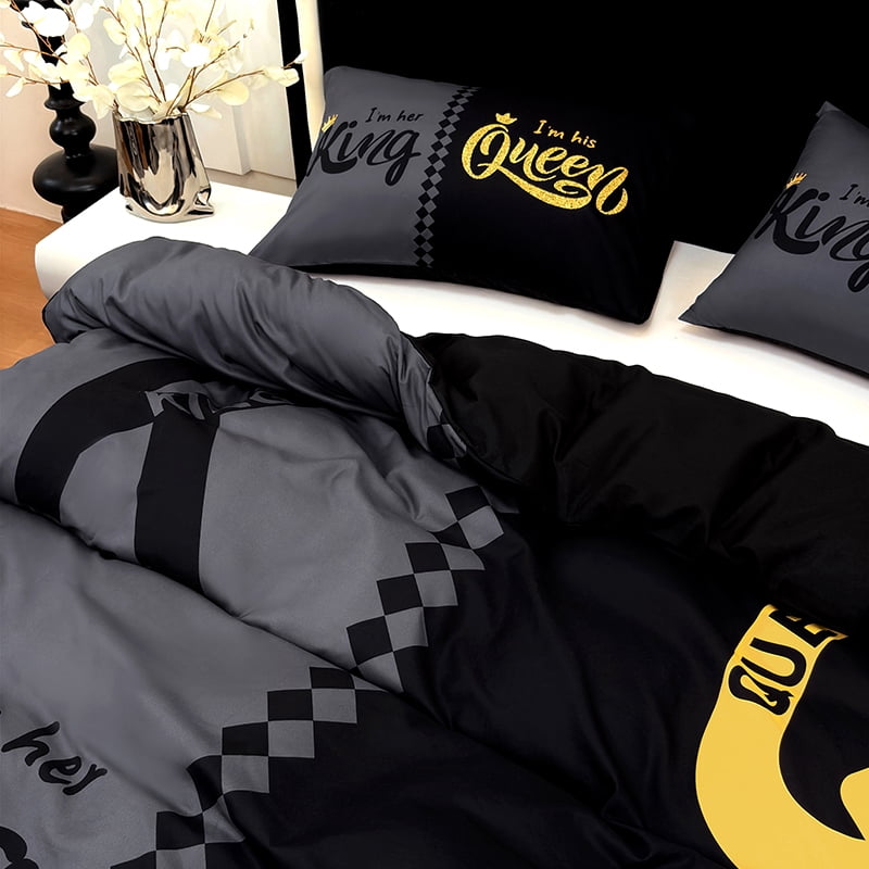3PCS Duvet cover Set The soft (1 Duvet cover + 2 Pillowcases without Pillow covers), Features high-definition digital printing of crown and letter patterns in a stylish black and gray color scheme.