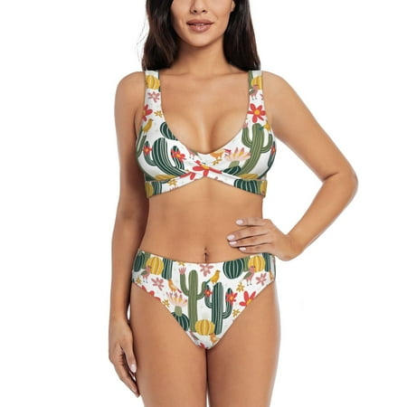 Zeuib Summer Cactus With Blooming High Waisted Tummy Control Bikini Set - Knot Front Push Up Top & Cheeky Thong Bottom  Two-Piece Swimsuit for Women-Small