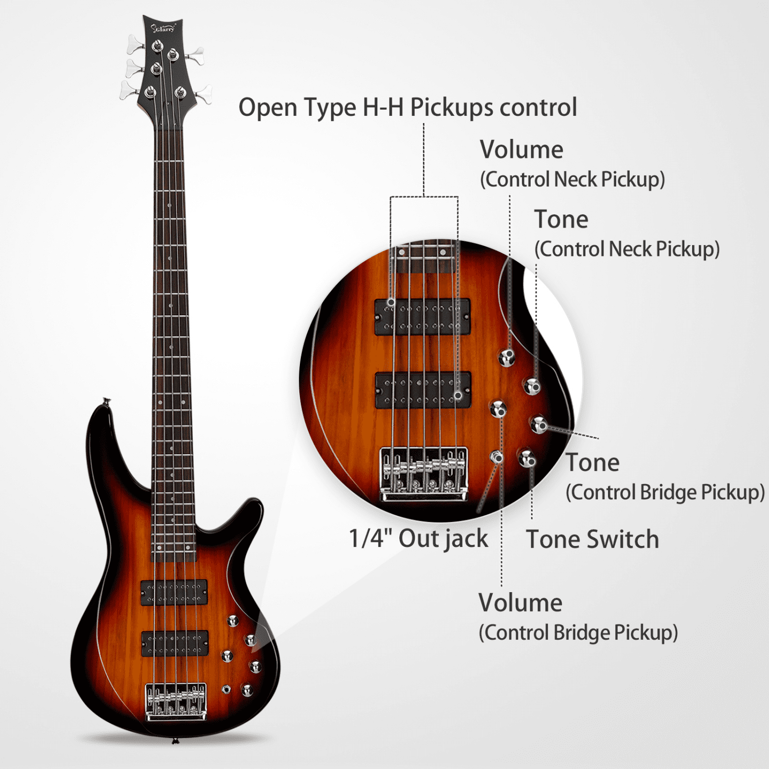 Hassch Electric Bass Guitar 5 String, Beginner Kit with Bag, Strap and Other Accessories, Sunset Color