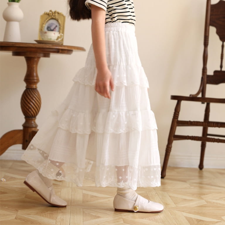lace dresses thanksgiving girl Girls Tiered Dress Summer Long Lace Skirt for Kids White Flowy Party Wear  Girls Clothes 5 Years plus Size Dress for Girls Thanksgiving Dresses 9  Month