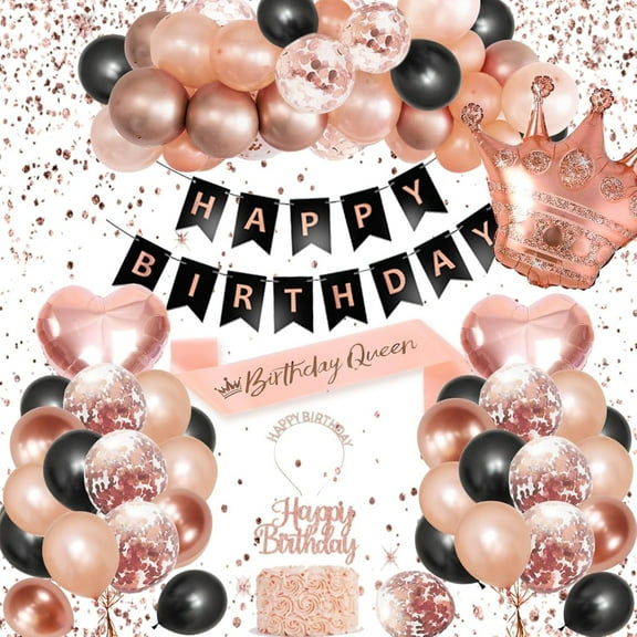 Birthday Decoration, Rose Gold Black Balloon Set Happy Birthday Banner Garland Confetti Balloon Girls Women Birthday Party Decoration Supplies