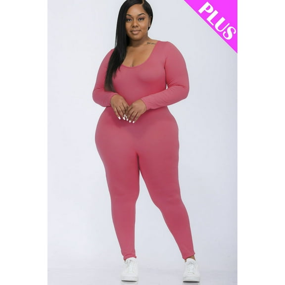 Plus Size Scoop Neck Long Sleeve Bodycon Jumpsuit