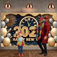 thumbnail image 6 of Gold Glitter Happy New Year Banner Silver Balloons 2026 New Year Display Fireworks Design Clock Pattern New Year Backdrop for New Year Party Holiday Celebration Indoor Decoration, 6 of 8