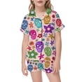 thumbnail image 4 of SJLDQY Halloween Girls Pajama Sets Skull Print Short Sleeve Shirts and Shorts 2 Piece Sets Casual Hallowmas Sleepwear Button Down Pjs for Girls, 4 of 5