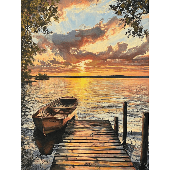 Sunset Lake Boat Canvas Art Print， Perfect for Living Room， Bedroom， Office， Dining Room， and Hallway Decoration.