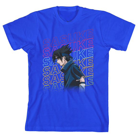 Naruto Classic Sasuke Repeat Name Crew Neck Short Sleeve Royal Blue Boy's T-shirt-Medium