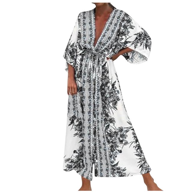 Birdeem Robe Longue d'Été pour Femmes Mode Imprimée Manches Longues Col en V Robe à Manches Longues pour Femmes