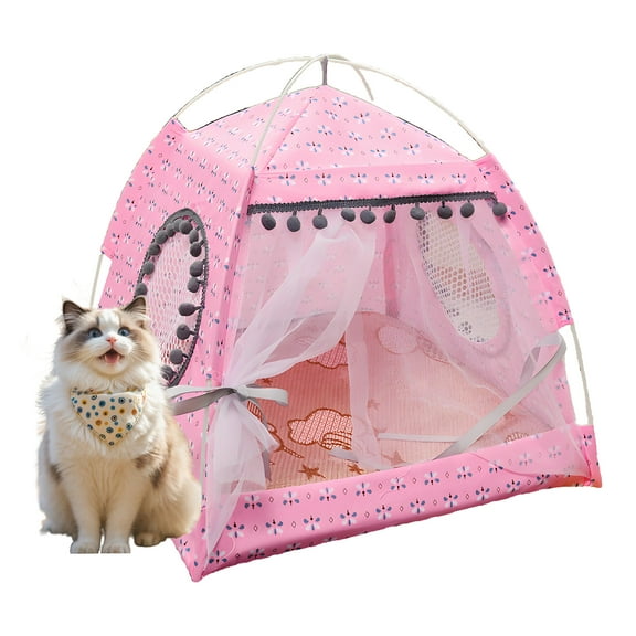 TELOLY Cat Tents for Indoor Cats,Arched with Tulle Curtain Cat Tent,14.17"*14.17"*14.57" Non-Slip Fabric Cat House Outdoor,Pink,S