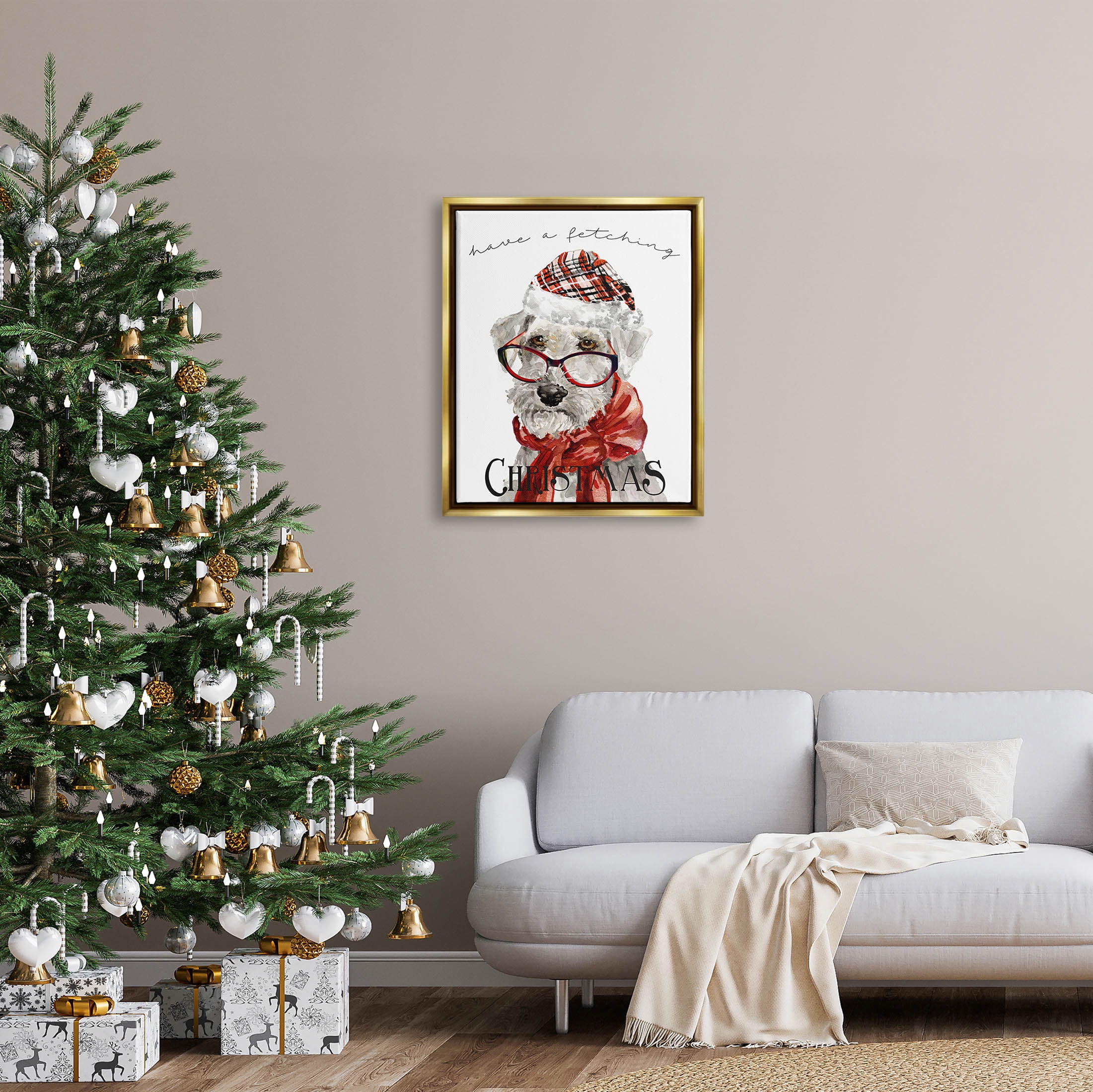Stupell Industries Have a Fetching Christmas Dog Graphic Art Metallic Gold Floating Framed Canvas Print Wall Art, Design by Livi Finn