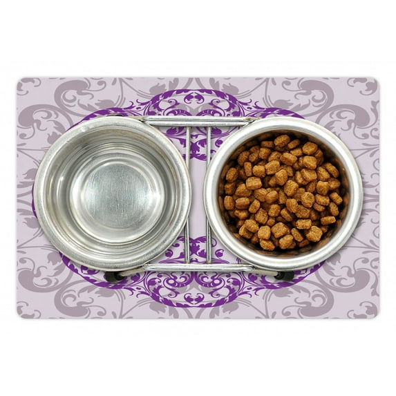 Purple Mandala Pet Mat for Food and Water, Round Frame Floral Motif with Leaves, Non-Slip Rubber Mat for Dogs and Cats, 18" X 12", by Ambesonne
