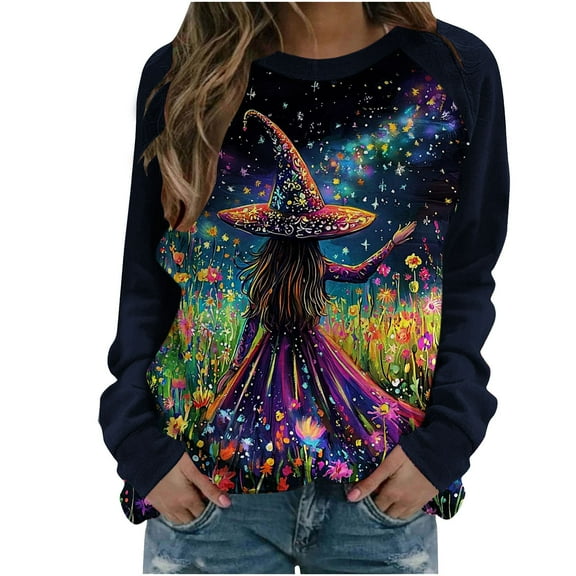 Womens Witch Halloween Sweatshirts Long Sleeve Funny Graphic Sweater Loose Pullover Crewneck T-Shirt Tops Purple, 4XL