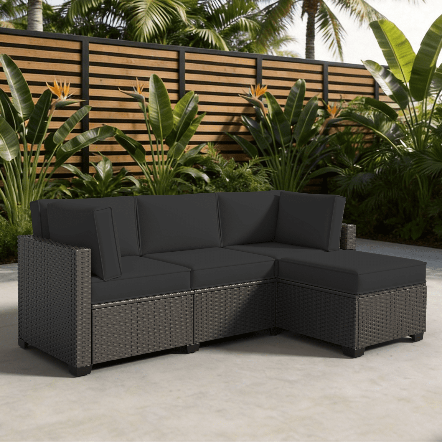 BaPiPro 4-Person Black Outdoor Sectional Sofa Cushions, Waterproof Polyester Patio Cushions with High-Density Sponge & Side Pillows, No Assembly for Backyard, Balcony, Deck & Poolside