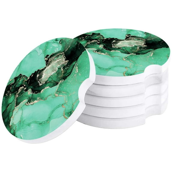 FMSHPON Marble Texture Green Ink Set of 2 Car Coaster for Drinks, Absorbent Ceramic Stone Coasters Cup Mat with Cork Base for Home Kitchen Room Coffee Table Bar Decor