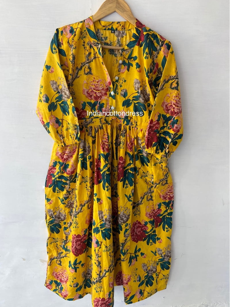 hand block printed traditional Indian women long maxi dress - v neckline  with tassel summer long maxi dress - long sleeve boho maxi dress -  Walmart.com