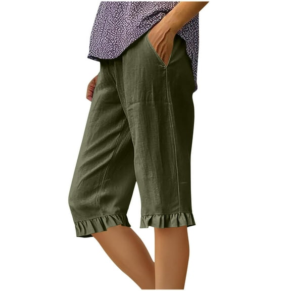 Wyobmus Womens Linen Shorts Summer Below Knee Length Short Solid Color Loose Straight Fit Shorts Ruffle Hem Casual Shorts With Pocket Olive Green