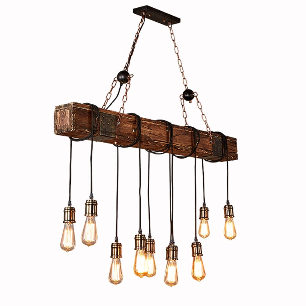 DENSET Wooden Beam Light | Rustic Farmhouse Kitchen Island Chandelier | Wooden Pendant Light Fixture 10-Light