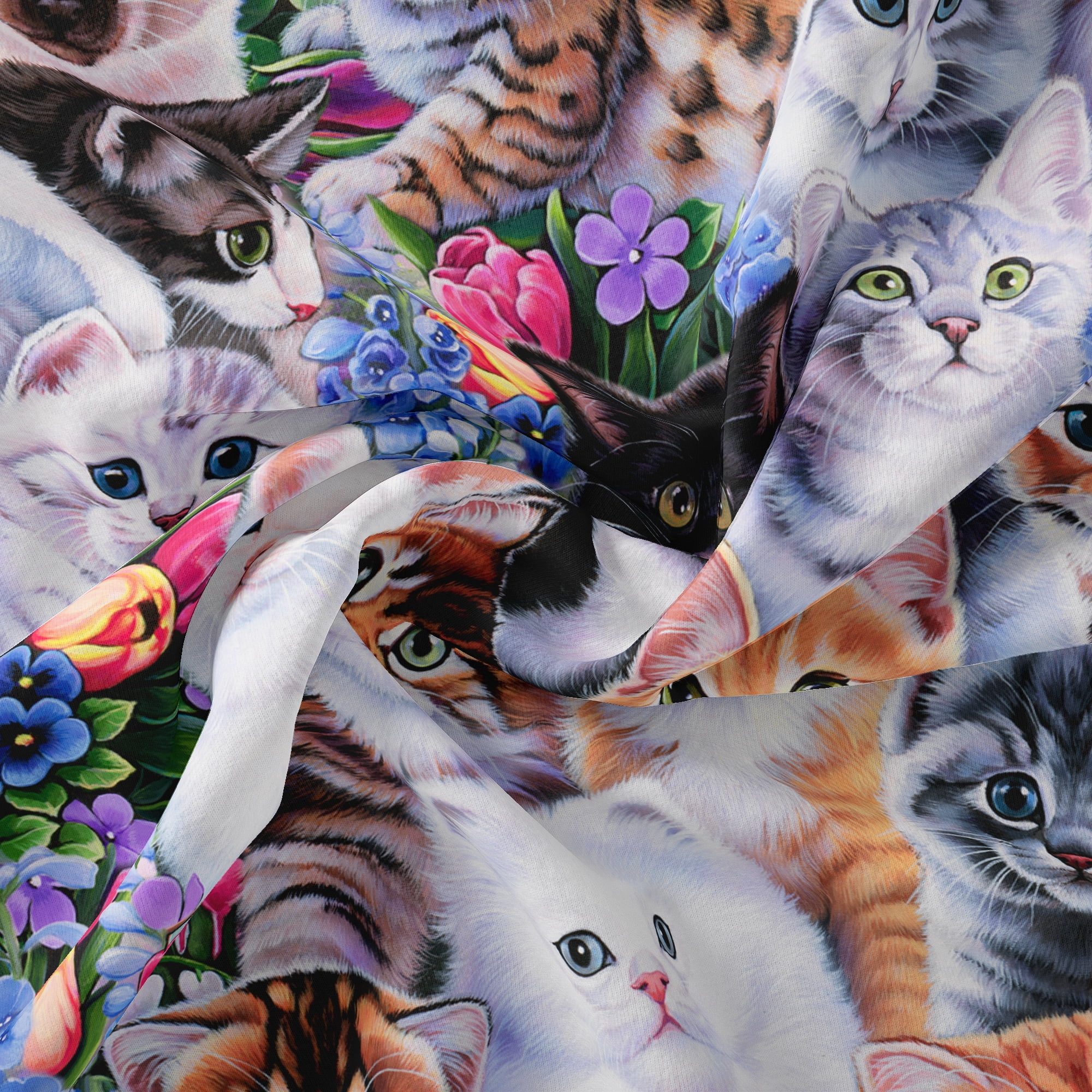 1 Yard 100% Cotton Kittens and Flowers, Multi-color, 44" Wide for Quilting & Sewing by David Textiles