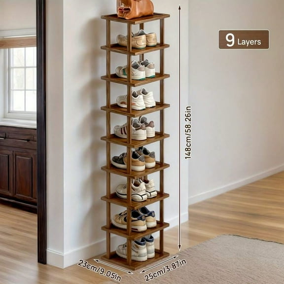 9-Layer Bamboo Shoe Rack - Tall Narrow Vertical Stackable Shoe Shelf, Space Saving Organizer for Small Spaces, Entryway, Closet, Corner, Doorway