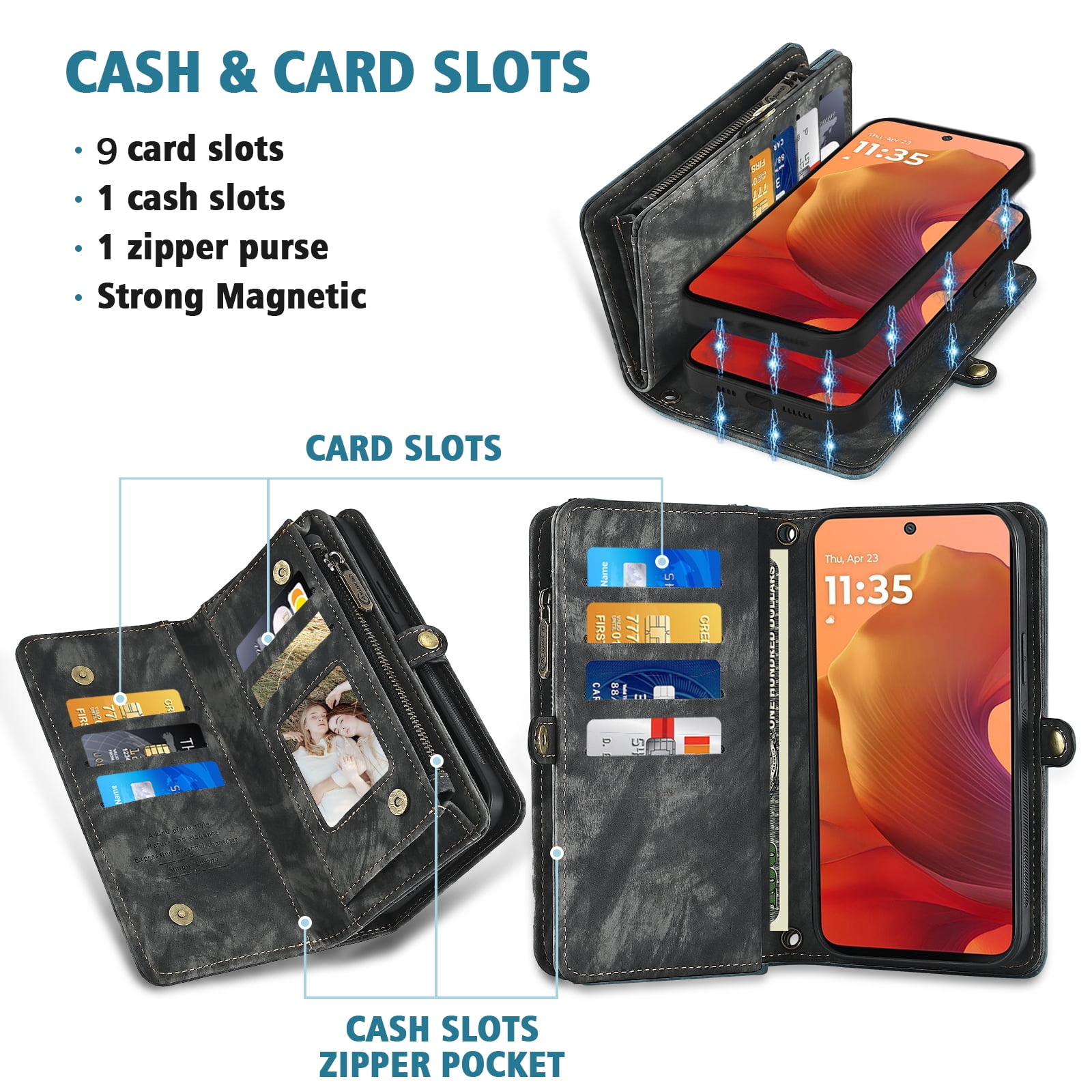 Asuwish Phone Case for Motorola Moto G15 4G Lte Zipper Wallet Detachable Cell Cover with Tempered Glass Screen Protector Crossbody Lanyard Strap Flip Card Holder MotoG15 G 15 XT2521-2 Women Men Black