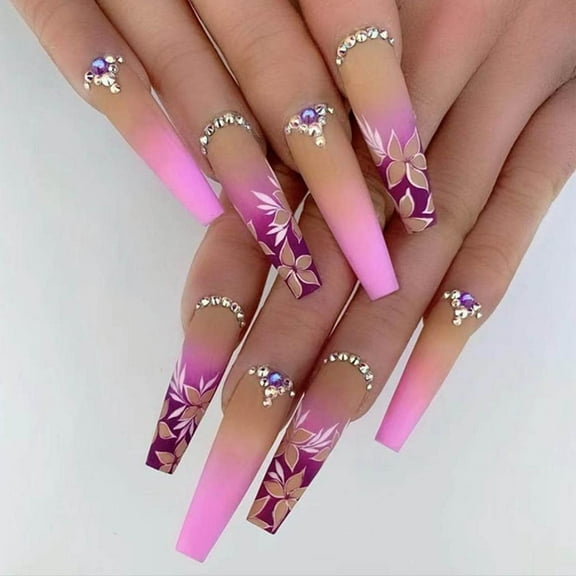 Artificail Extra Long Press on Nails, Rhinestone Pink Fake Nails with Glitter Acrylic Full Cover Fake Nails with Design Nail Tips for Women&Girls, 24PCS Pink 61 Piece Set