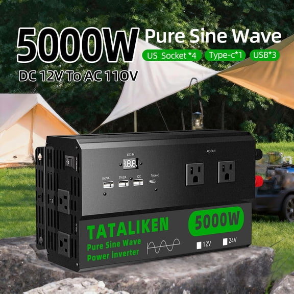 TATALIKEN 5000 Watt Pure Sine Wave Inverter , 12v DC to 110V/120V AC Converter Power Inverter for RV, Truck, Home, Solar, Camping, CPAP with 4 AC Outlet & 4 USB (18W QC & PD), LCD Display