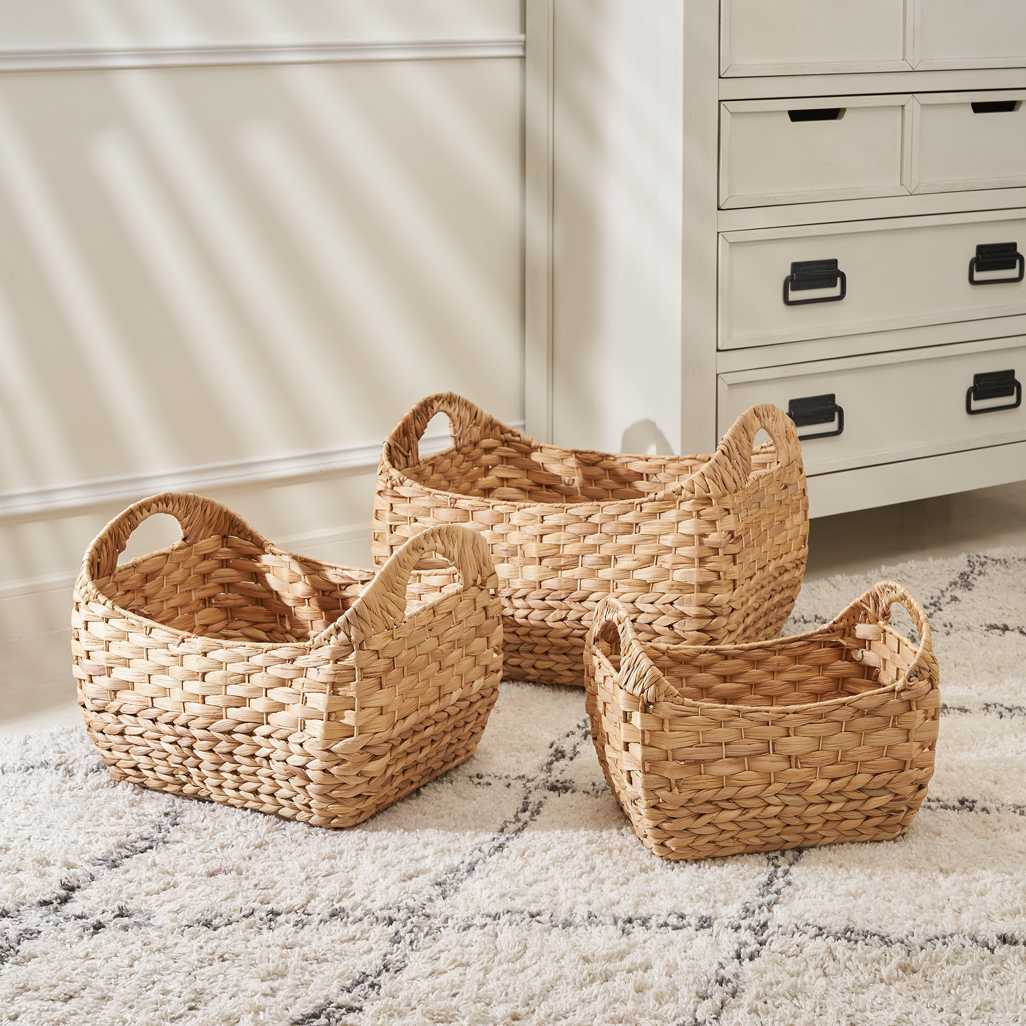 Amelia 3-piece Assorted Stackable Rectangular Hand-woven Water Hyacinth Picnic and Grocery Basket Set with Handles