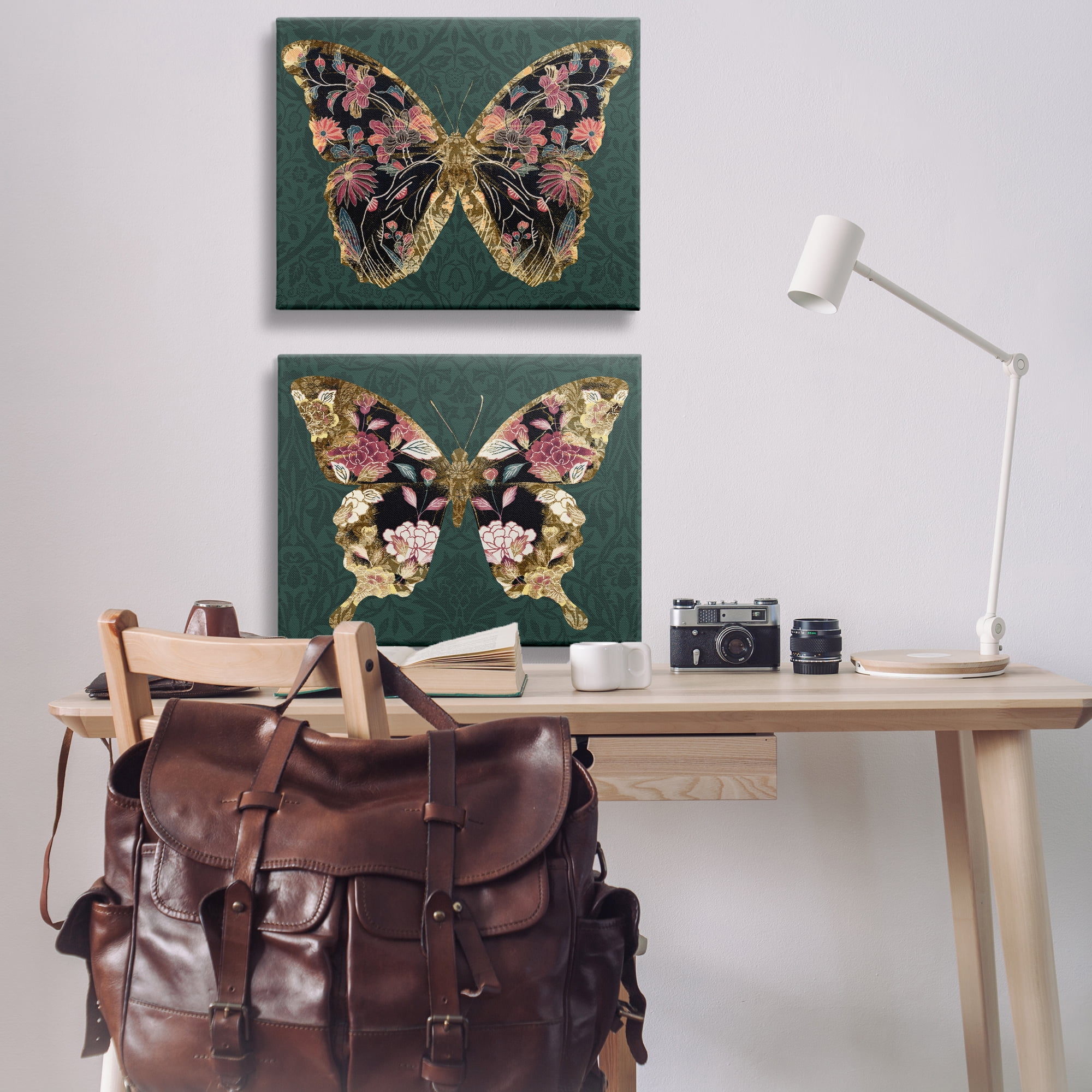 Stupell Industries Gold Black Floral Butterfly Animals Painting Wrapped Canvas Art Print Wall Art, 30 x 24, Set of 2