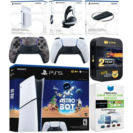 Sony PlayStation 5 Astro Bot Slim Digital Bundle with Disc Drive, Pulse Elite Headset, Extra Controller, Vertical Stand, MightySkins Game Collection Services and 2 Year Extended Warranty - Gray Camo