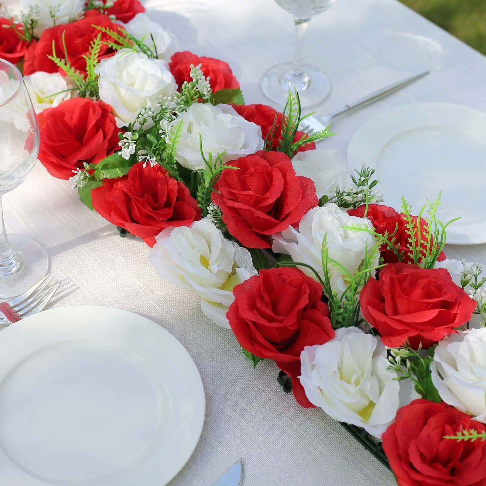 Efavormart 6 Pack Red Ivory Silk Rose Flower Panel Table Runner, Artificial Floral Arrangements Dining Table Decor - 20"x8"