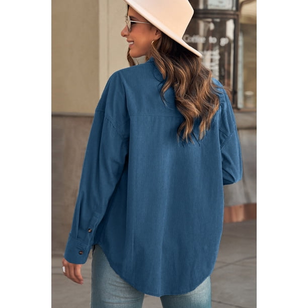 ABPHQTO Camisa de mujer de pana azul con bolsillo con botones