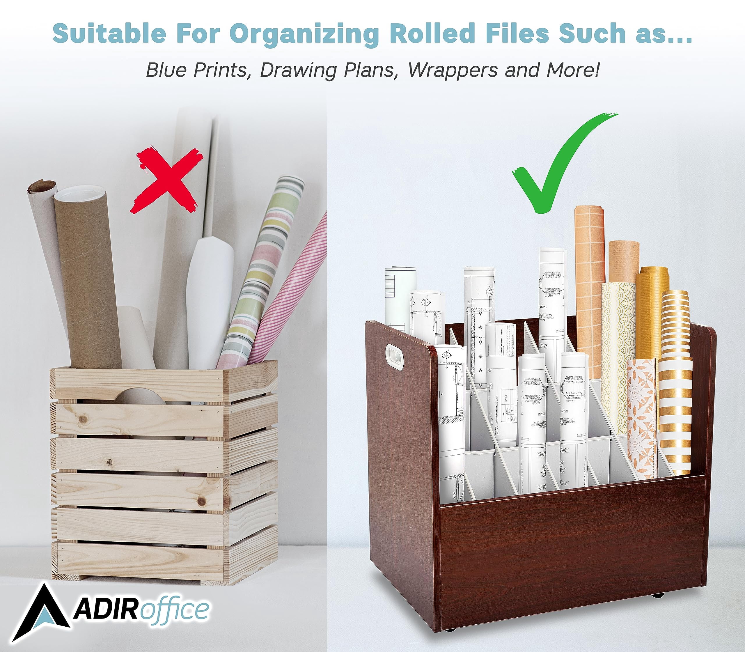 Adir Blue Print Storage Organizer - Mobile Roll File Cart, Construction Plan Holders, Blueprint Cabinet with Wheels, Roll Files Storage for Office and Home (21 Slots, Mahogany)