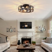 Dayu 20 Inch Matte Black Rustic Flush Mount Wildlife Forest Caged Enclosed Ceiling Fan with Light and Remote Control