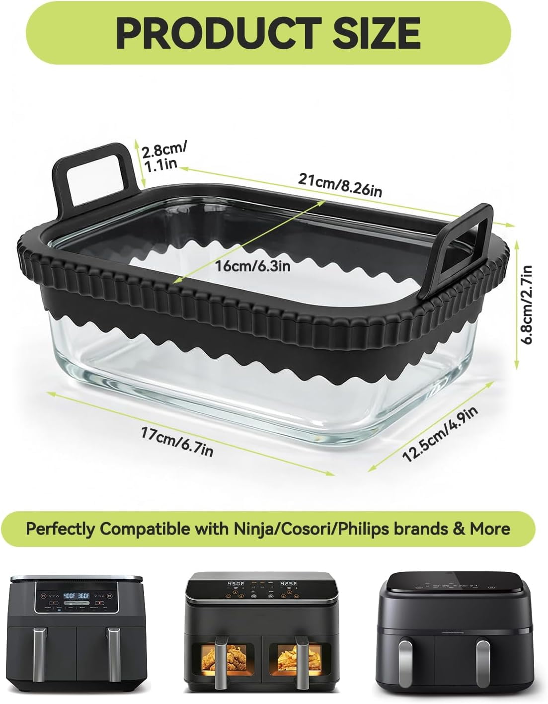 JJEAN-Air Fryer Glass Liner Reusable with Removable Silicone Ring, Air Fryer Accessories for Ninja Foodi DZ201/DZ401/DZ550, for COSORI/Chefman/Instant, Heat-Resistant, Dishwasher Safe & BPA-Free