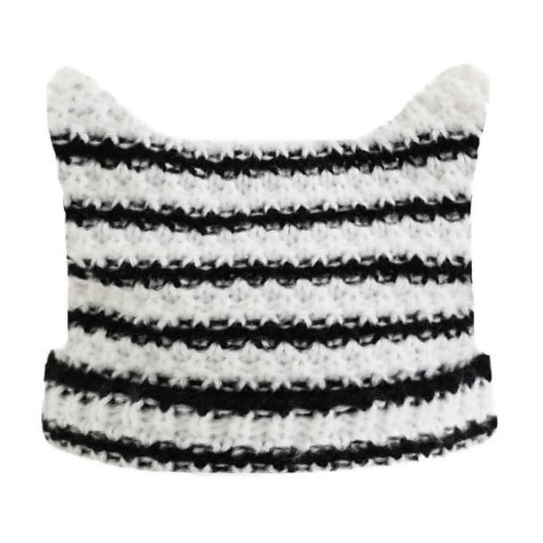 Gorro de lana con orejas de gato para otoño e invierno, gorro de punto cálido a rayas para mujer, gorro de punto puntiagudo que combina con todo