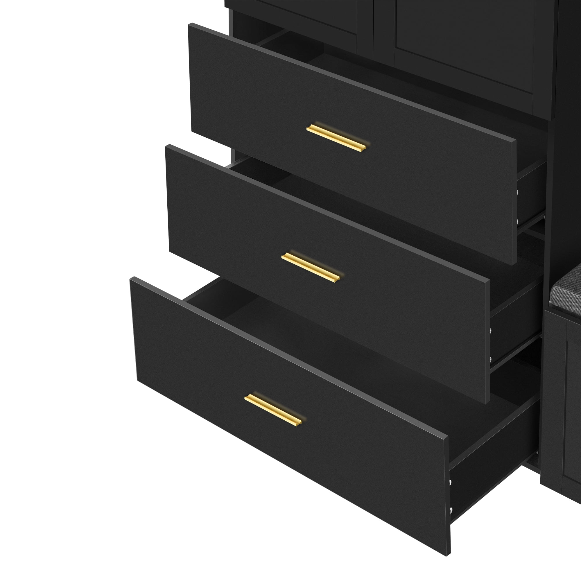 T-Foyer Modern Black 4-in-1 Hall Tree with 4 Hooks, Padded Bench & Cabinets, Wooden Rustic Entryway Organizer with Open Storage & 3 Drawers