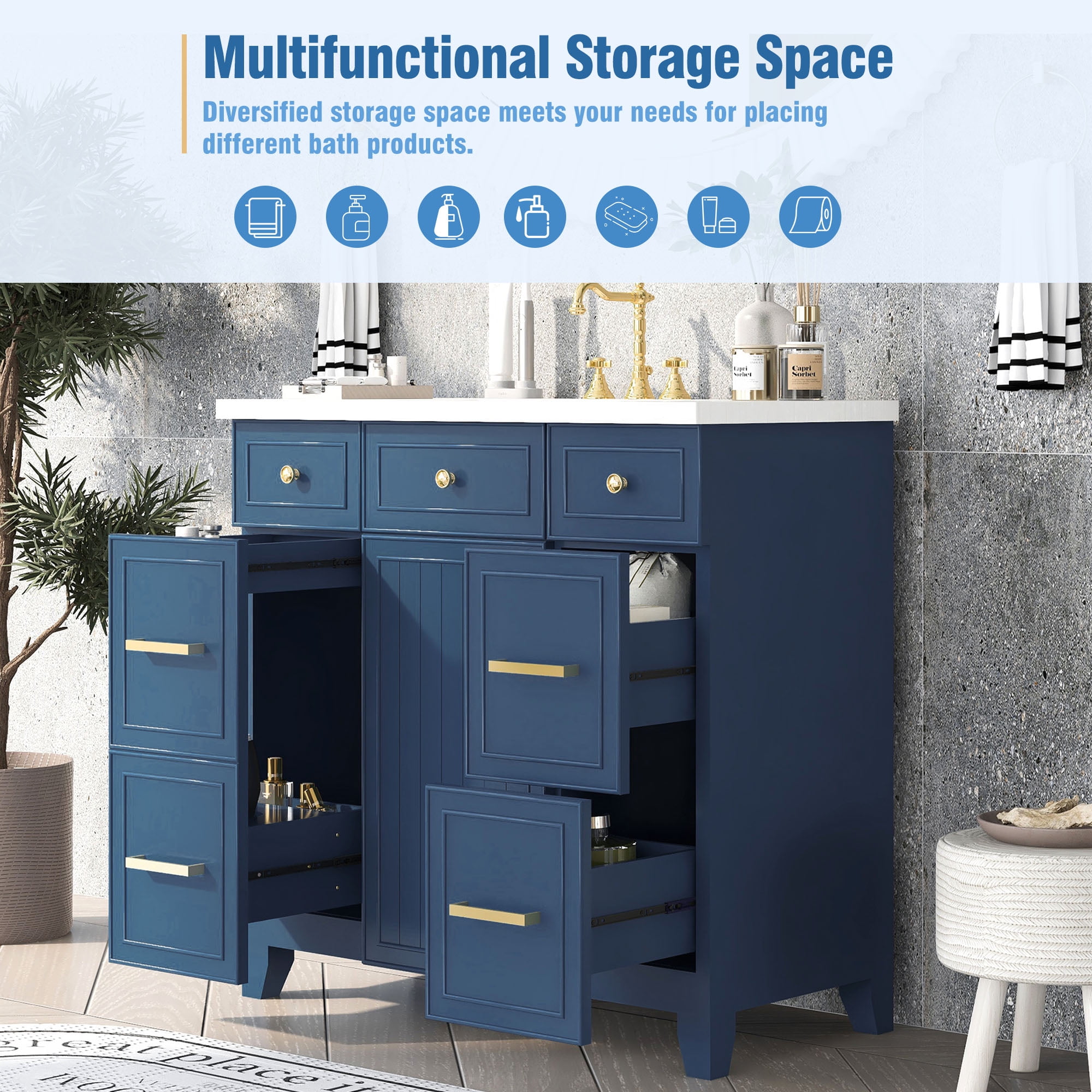 Harper & Bright Designs 36" Bathroom Vanity Cabinet with Sink Combo Set, Contemporary Bathroom Shaker Cabinets and Vanities with Soft Closing Door and Drawer, Navy Blue