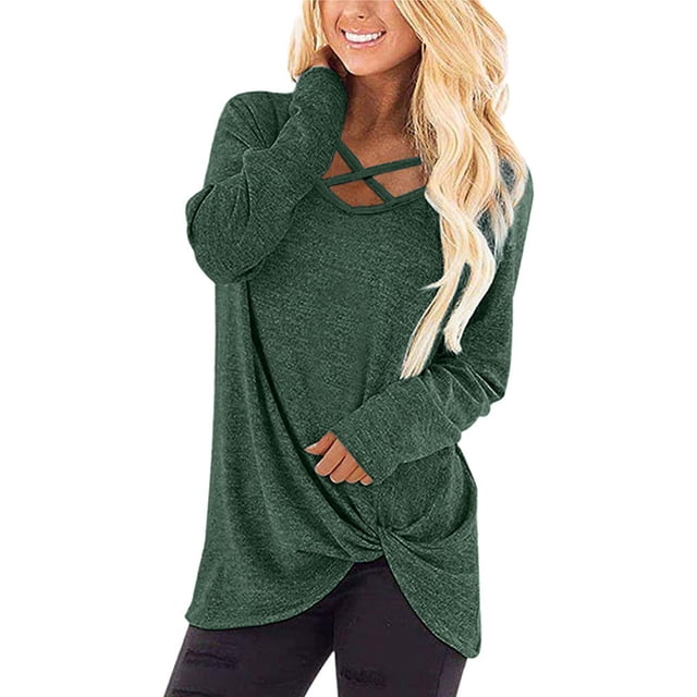 Jersey para mujer, camisa con cuello cruzado, manga larga, sudadera informal holgada para otoño, verde, XL