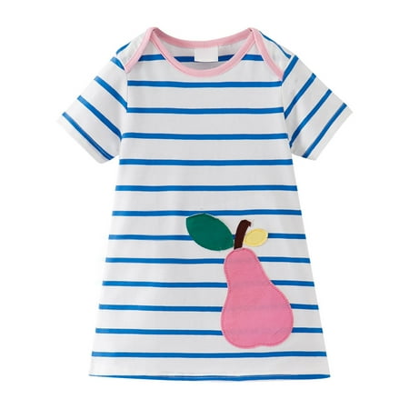 

ZRBYWB Girls Dresses Summer Fruit Pattern Striped Dress Crewneck Short Sleeve A Swing Simple Casual Going Out Baby Girl Clothes