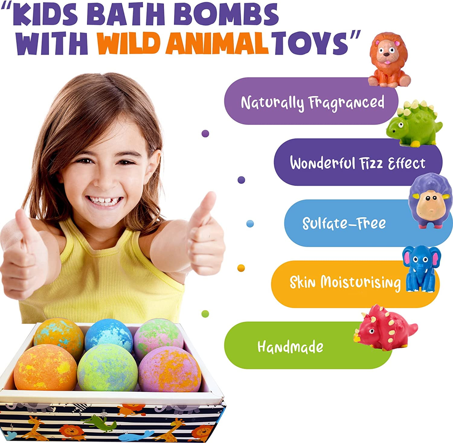 Mineral Me Bath Bombs for Kids with Jungle Animal Toys Inside - w/ Natural Scent Gift for Him & Her