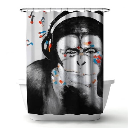 Begin Home Decor 4240-7174-AN252 71 x 74 in. Contemporary Gray Shower Curtain - Monkey with Headphones Decor