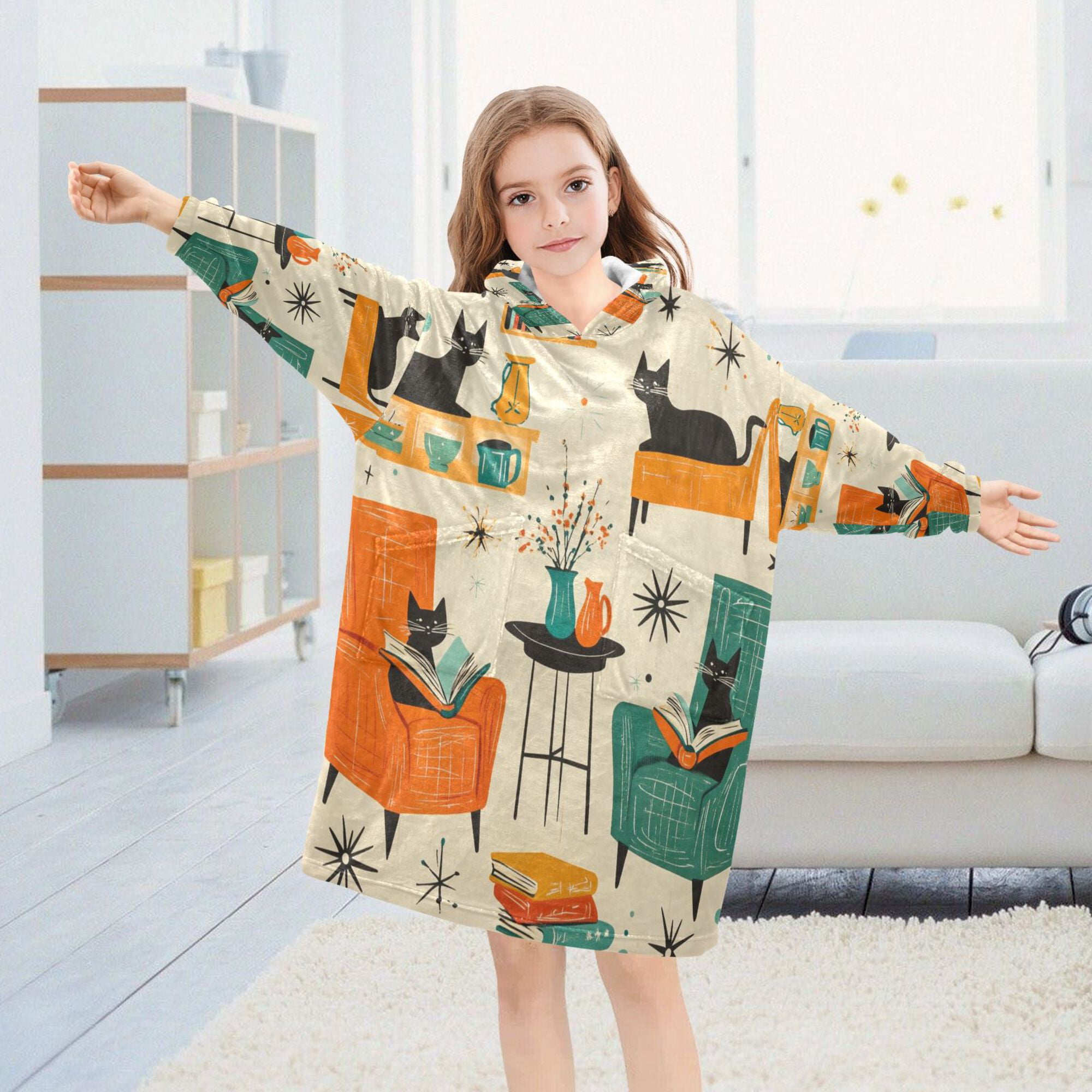 FORMRS Wearable Blanket Hoodie with Sleeves for Kids Cozy Flannel Sweatshirt, Black Cats Reading