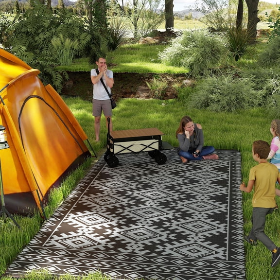 Outsunny Outdoor Patio Rug, Large Camping Carpet with Carrying Bag, 9' x 18' Waterproof Plastic Straw, Reversible, Black & Gray Rhombus Border