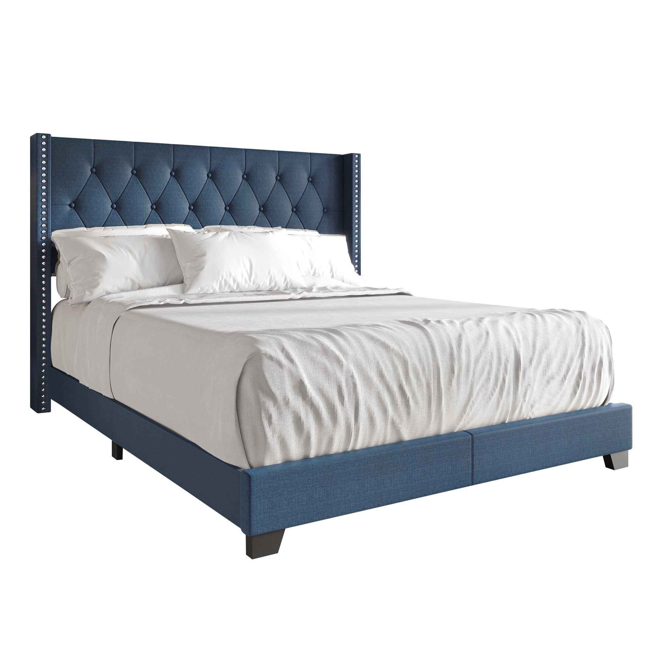 Castle Place Nailhead Trim Wingback Linen Upholstered Bed, Blue, King