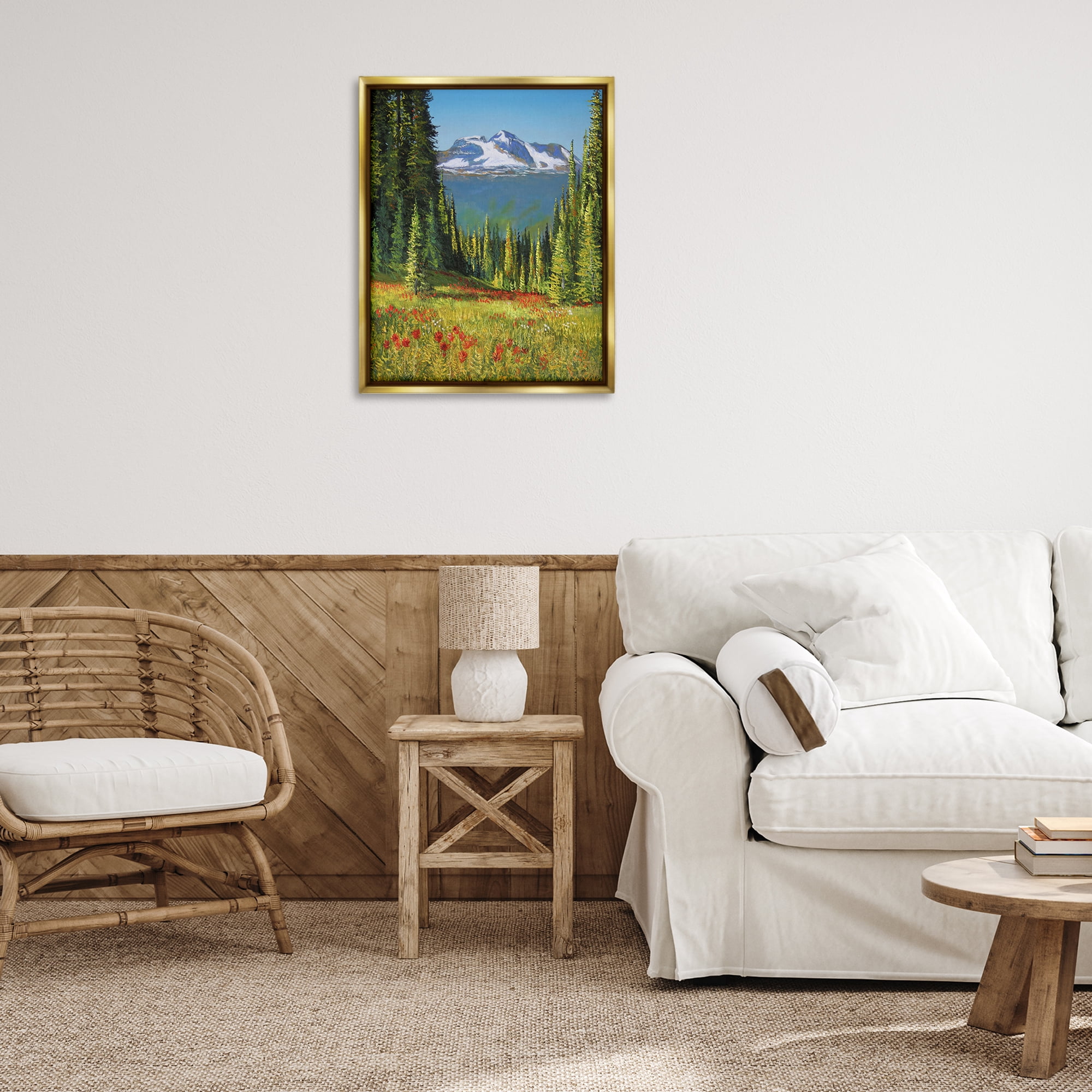 Stupell Industries Alpine Valley Meadow Landscape & Nature Painting Gold Floater Framed Canvas Art Print Wall Art, 25 x 31