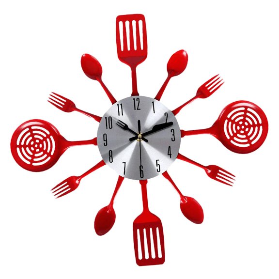 yotijay 3D Wall Clock Kitchen Stainless Steel Fork Clock Decorative Red